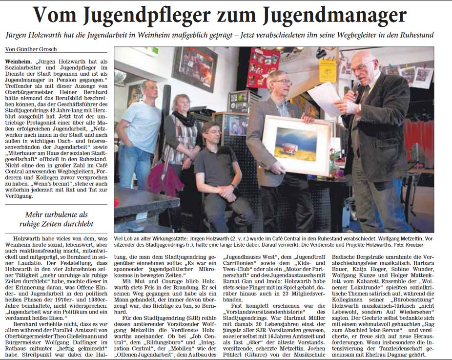Jürgen Holzwarth hat die Jugendarbeit in Weinheim maßgeblich geprägt, so die Rhein Neckar Zeitung